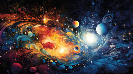 Vibrant and Surreal Abstract Space Composition. Galaxies, Stars, and Cosmic Elements