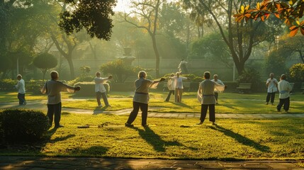 Elderly people enjoying tai chi exercises in a serene morning park setting