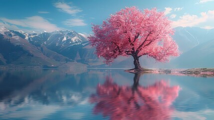 The cheery blossom tree blooming in springs on the lake The tree is standalone on the lake contrasting with the background In the background is the stunning mountain range with hig