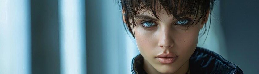 Fototapeta premium The fashion model in Pixie Cut hair style looking to the camera with strong gaze Captured in the style of hair style cyberpunk fashion magazine cover
