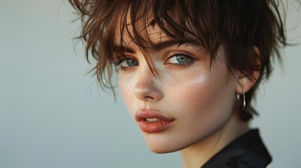 The fashion model with a Razor cut hair style looking to the camera with a strong gaze Captured in the style of a hair style fashion magazine cover