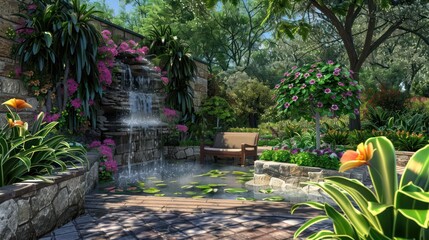Obraz premium serene outdoor garden with a water feature, flowering plants, and a comfortable bench for a peaceful retreat