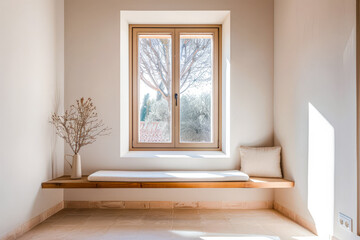 Fototapeta premium Window in an empty room in light brown color and minimal furniture. Residential Real Estate interior design composition.