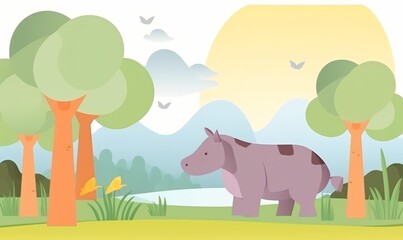 Hippopotamus paper craft flat design front view African savanna theme animation vivid