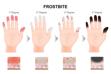 Frostbite 4-degree stages of hand illustration