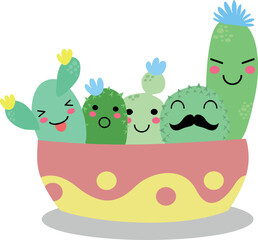 Flat isolated cute cacti. Cartoon cacti illustration vector.