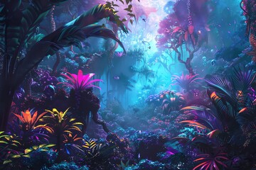 Dreamy neon jungle with glowing flora and fauna