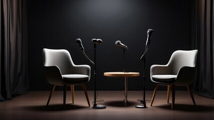 As a broad banner for media talks or podcast streamers conceptions with copy space design, two chairs and microphones in an interview or podcast room isolated on a dark background