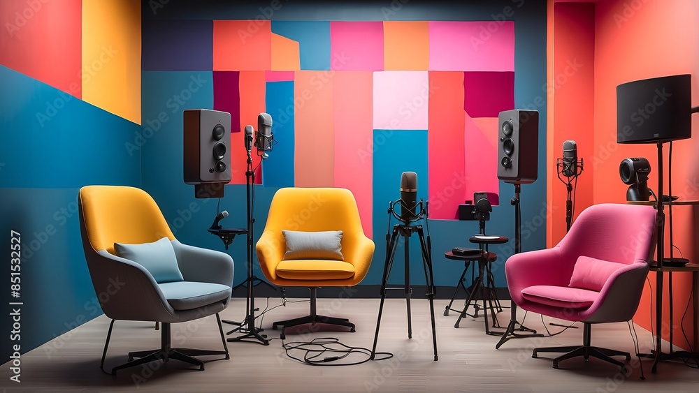 Wall mural podcast studio in bright colors with two chairs and mics