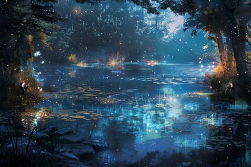 Fototapeta premium Enchanted forest with glowing pond and magical creatures