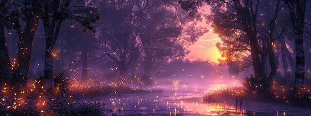 Obraz premium A tranquil purple twilight scene with fireflies dancing among the trees, their soft glow lighting up the night.