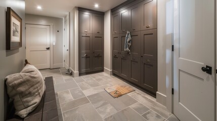 sleek and functional mudroom with modern lockers, a durable tile floor, and a neat bench for convenience and style