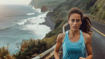 An athlete trains for a marathon on a scenic coastal road, ocean waves crashing nearby.
