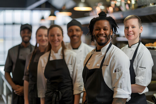 Advertising portrait shot of a cheff team standing together in a restaurant kitchen and they look at the camera.&nbsp;