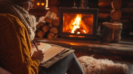 A person writes a journal by the crackling fireplace in a cozy cabin, lost in deep, tranquil introspection.