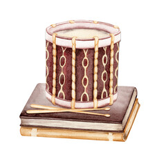 Vintage drum on top of a pile of old books. Ancient music instrument with drum sticks. Hand drawn watercolor illustration isolated on transparent background. For theatre themed postcards or posters