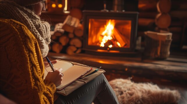 A person writes a journal by the crackling fireplace in a cozy cabin, lost in deep, tranquil introspection.