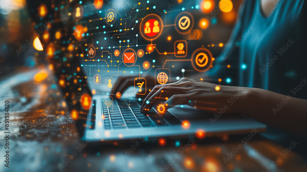 Poster a person is typing on a laptop with a colorful background of various icons and symbols. concept of t