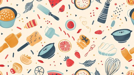Design a seamless pattern with baking and cooking elements like rolling pins, mixing bowls, and ingredients