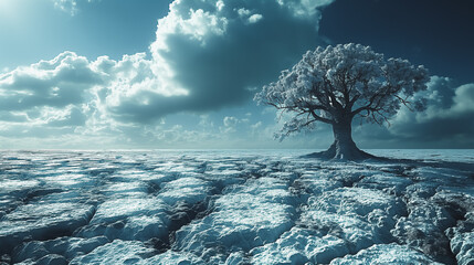 A barren landscape with a lone tree in the middle. The sky is cloudy and the tree is bare - Powered by Adobe