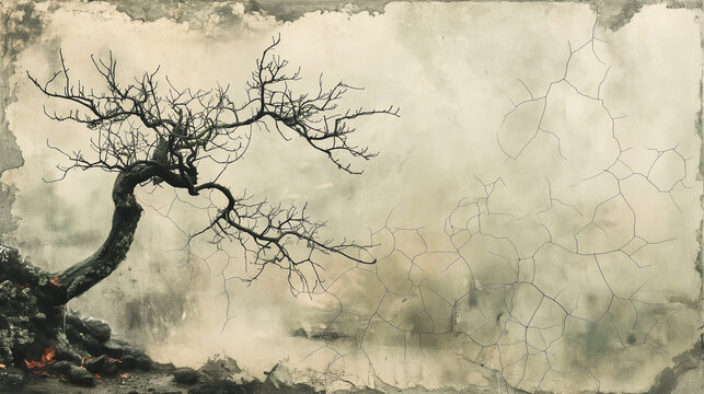 A tree with no leaves is depicted in a painting. The painting has a moody and somber feel to it, as the tree appears to be dying. The painting is a representation of the fleeting nature of life