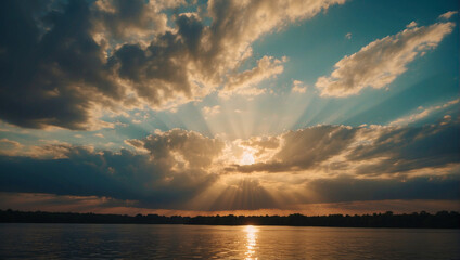 sunset over the lake, cloudy sky scenery, bright sun flare through blue sky