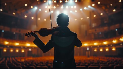 Fototapeta premium the violinist playing violine on the stage under spotlight spotted highlight over the head in the background is the grand auditorium room ,style of cinematic