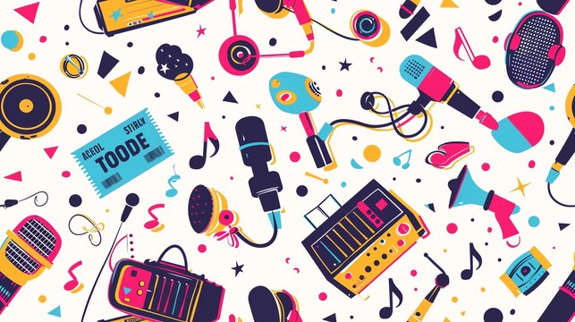 Generate a seamless pattern with concert and festival elements like microphones, speakers, and tickets