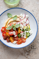Hummus plate with fresh vegetables and feta on a beige granite background, vertical shot, selective focus
