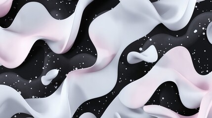 Obraz premium Flowing white pink waves black background scattered white dots abstract 3D