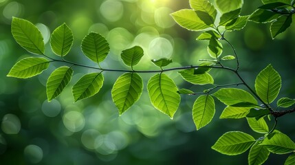 Obraz premium Green Leaves on a Branch in Sunlight