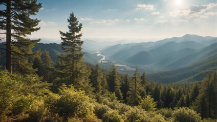 Beautiful forest peak view from a mountain, foggy environment and tropical trees