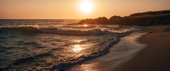 Naklejka premium sunset over the sea coastline , wavy ocean water