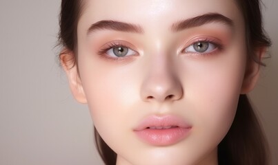 Fototapeta premium Close-up portrait of a woman with flawless skin and natural makeup, ideal for beauty, skincare, and cosmetic advertising.