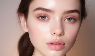 Fototapeta premium Close-up portrait of a woman with flawless skin and natural makeup, ideal for beauty, skincare, and cosmetic advertising.