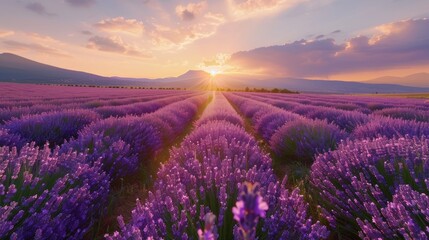 Obraz premium A tranquil purple lavender field stretching as far as the eye can see, releasing its intoxicating fragrance into the air.