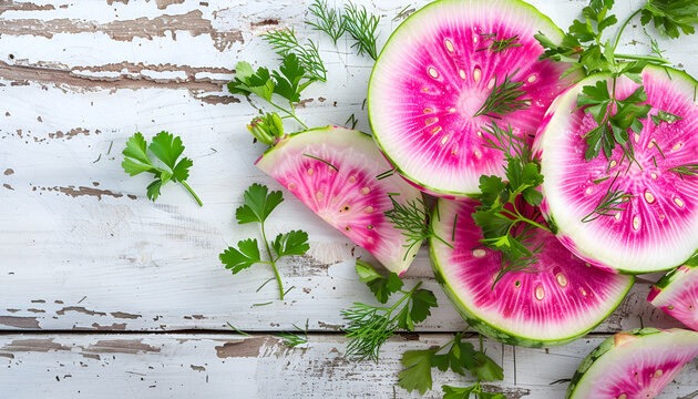 Slices of pink watermelon radish on a wooden table with parsley and dill
