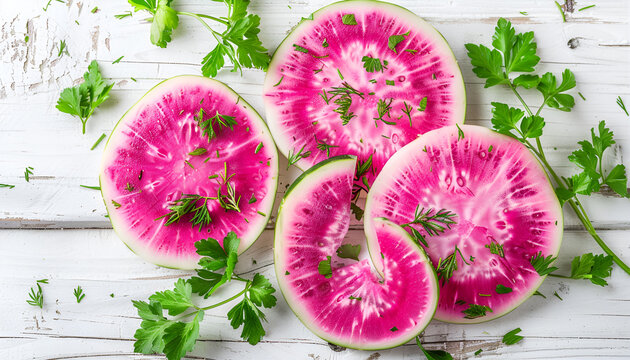 Slices of pink watermelon radish on a wooden table with parsley and dill
