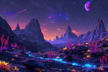 Surreal landscape with glowing plants, mountains, and a starry sky.