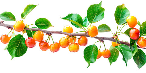 Obraz premium Close-up of ripe cherry on a tree branch. Vibrant fruits and green leaves convey freshness and healthy living