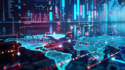 Digital world map with data charts and stats, Futuristic use interface technological background