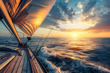 A dynamic photo of a boat sailing on a calm sea in sunset