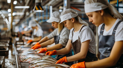women working together in a fish factory