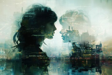 A high-tech workshop where humans and robots co-create, digital brain patterns linking their thoughts.