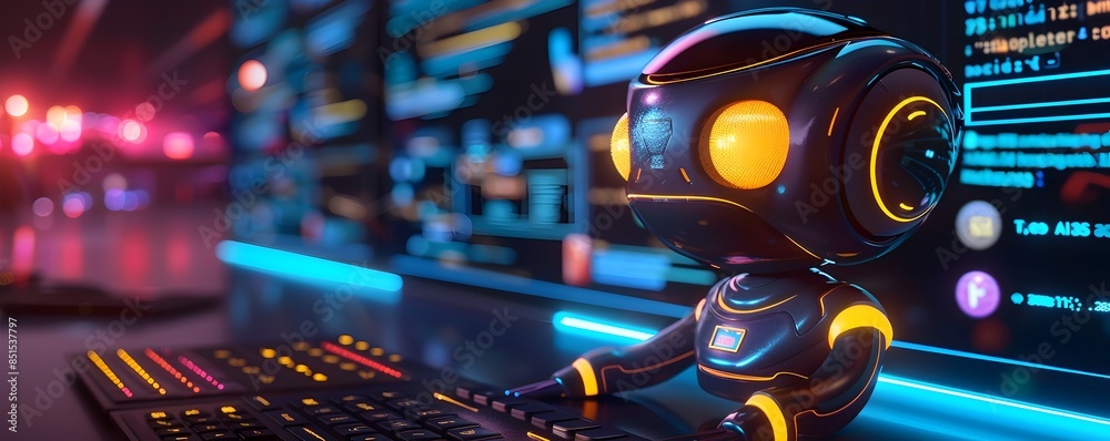 Poster ai powered chatbot being programmed by developers for digital communication and networking in busine