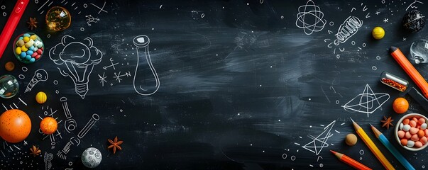 Chalkboard with Hand Drawn Educational Sketches for Creative Product Presentation