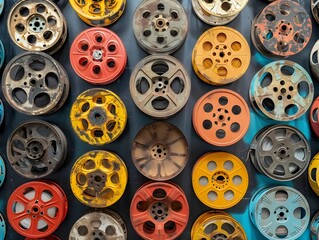 Fototapeta premium Backdrop of Vintage Film Reels for Cinema Related Products or Retro Collections with Copy Space