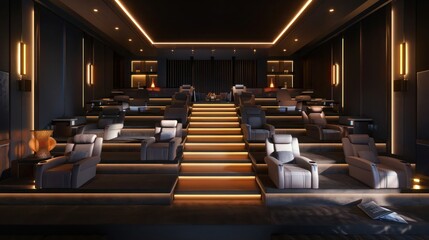 sophisticated home cinema with tiered seating, plush recliners, and ambient lighting for the ultimate movie night experience