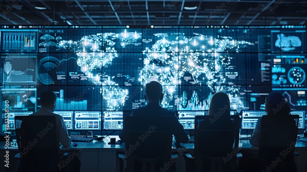 Poster cybersecurity team actively monitoring digital threats on large display for business communication a