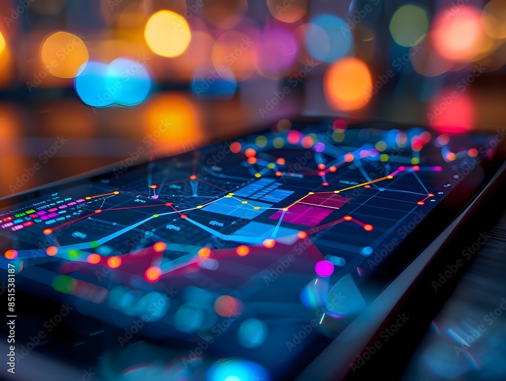 Poster digital tablet displaying dynamic real time analytics of network traffic and business communications